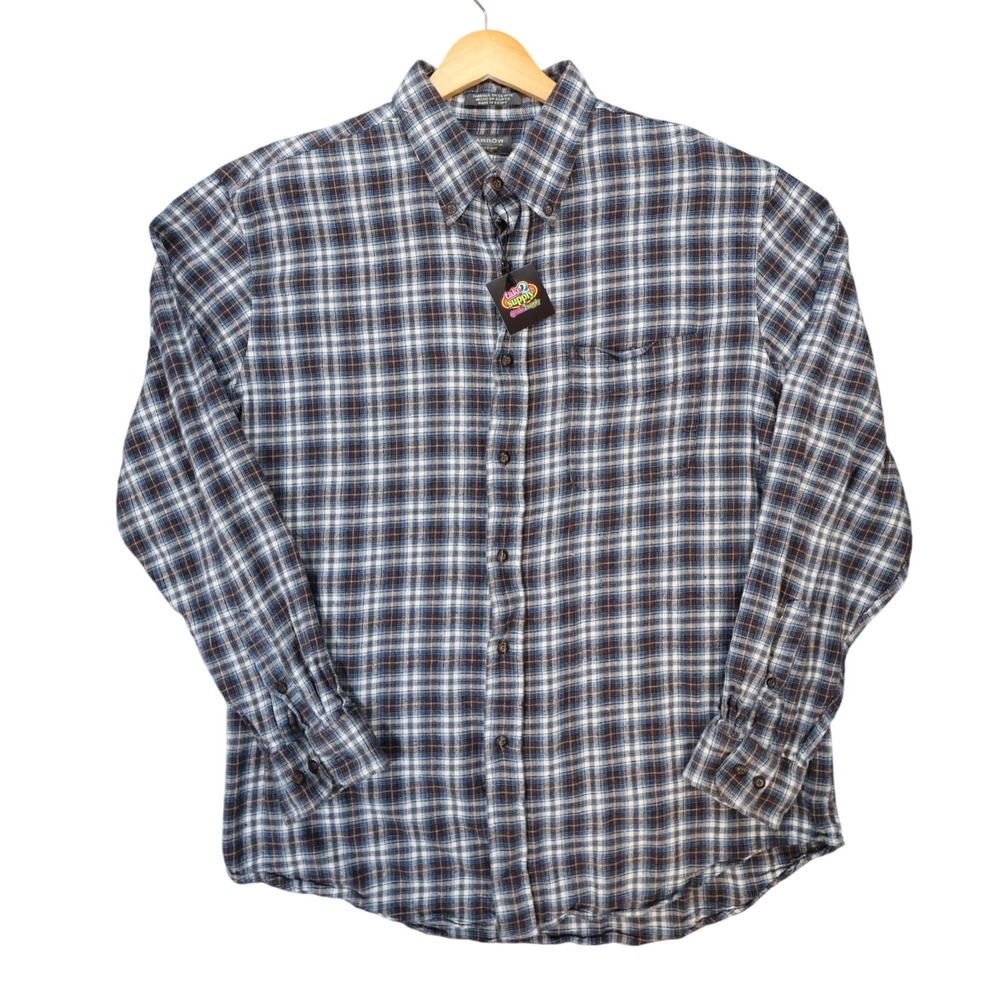 Arrow Flannel Shirt Mens Large Blue Excellent Plaid Button Down